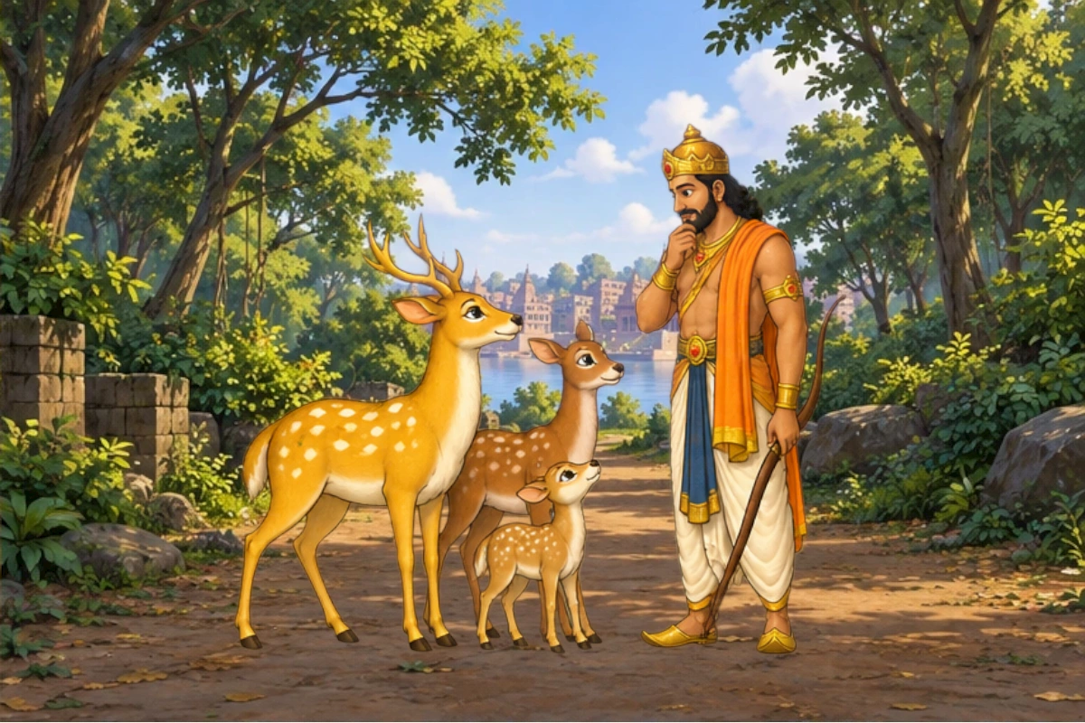 Banyan Deer faces the king while the doe and fawn stand behind him.