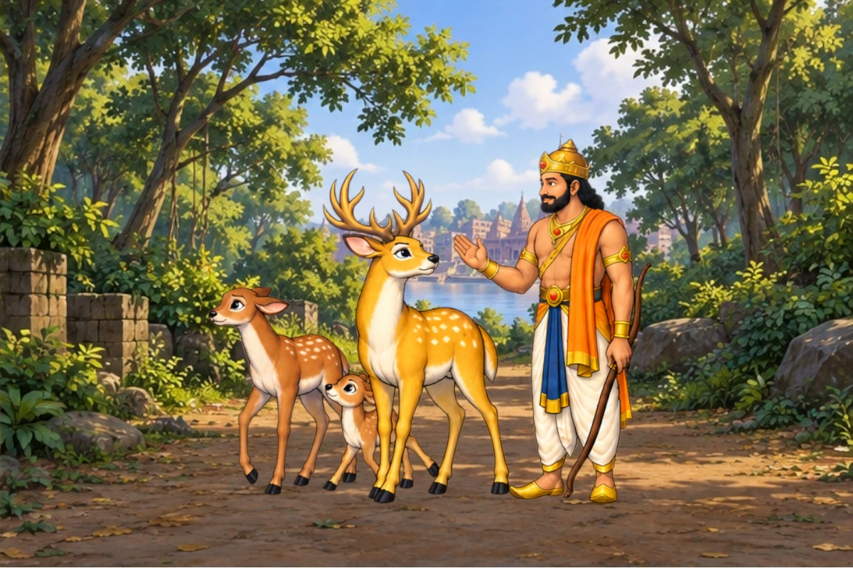 The deer move into the shade as the king notices a young deer near the hunters.