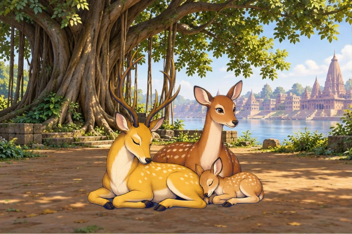 Banyan Deer rests beneath the spreading tree as the doe and fawn settle beside him.