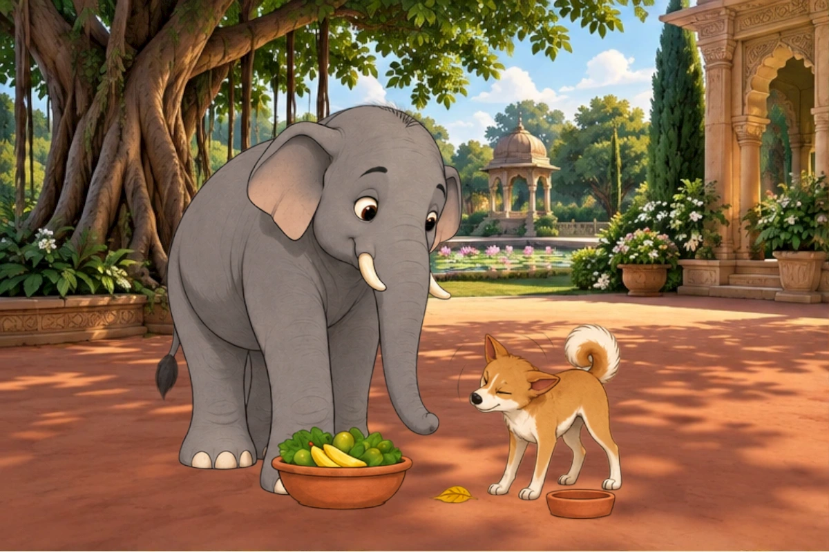 A leaf catches briefly on Dog's ear beside the two breakfast bowls.
