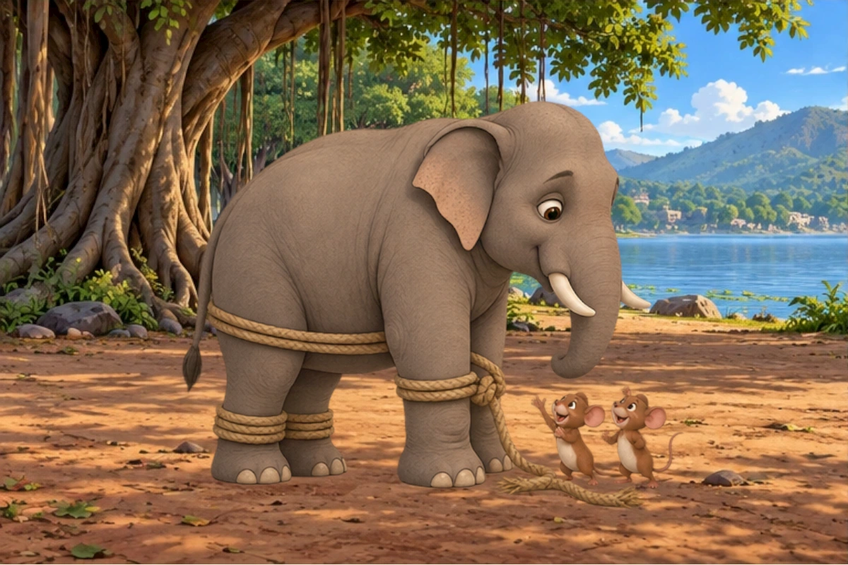 Mice work on ropes while the trapped elephants wait still beside the lake.