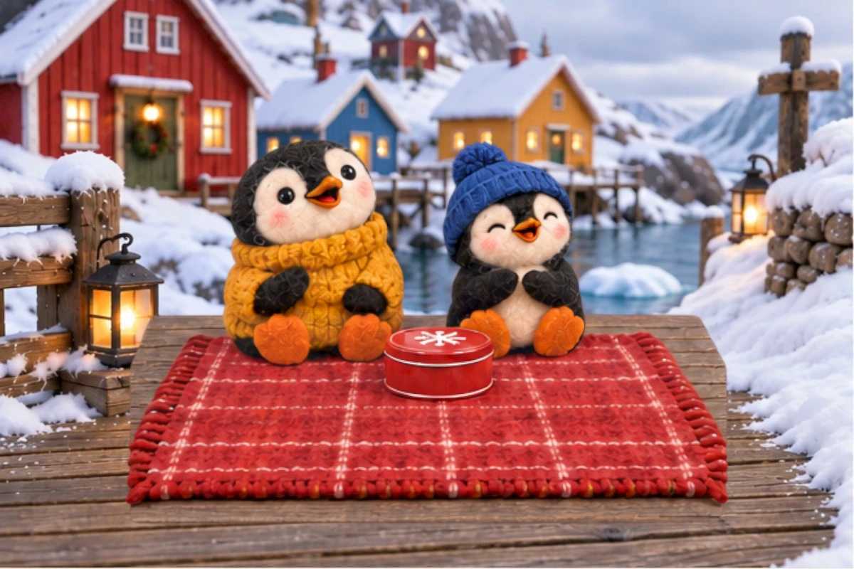 Pippa and Bo sit on a blanket with a folded edge on their sheltered deck.