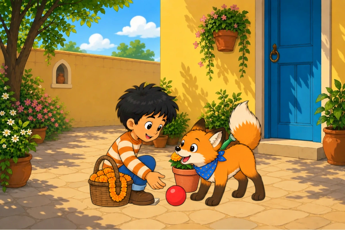 Gul bows toward the red ball while Avi sits by the door. The flower basket stands against the wall.