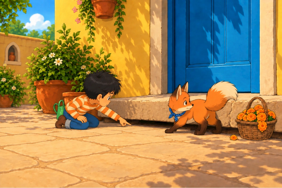 Avi points toward the basket while Gul follows a fallen marigold petal.