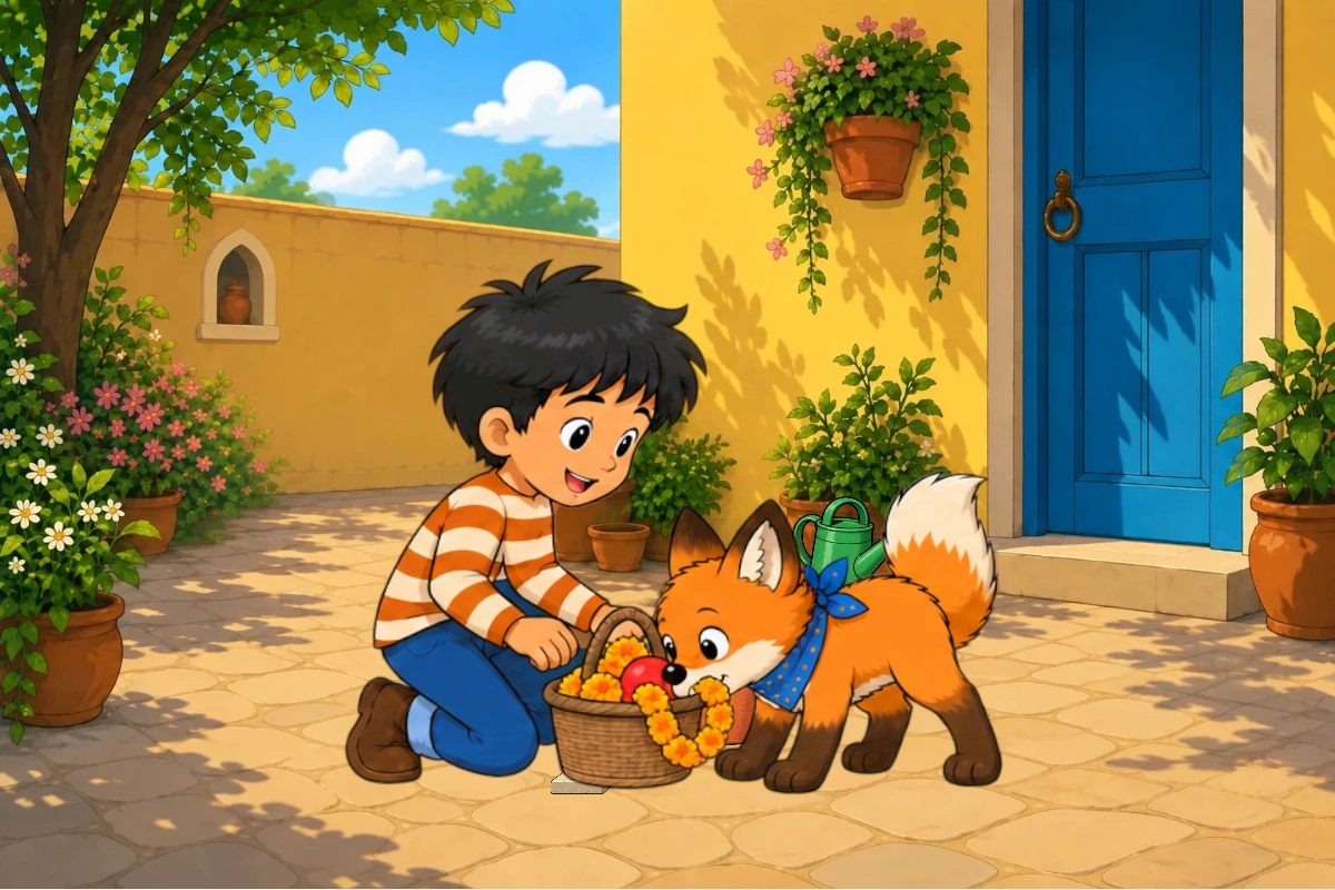 Avi steadies the flower basket while Gul searches among the marigolds.