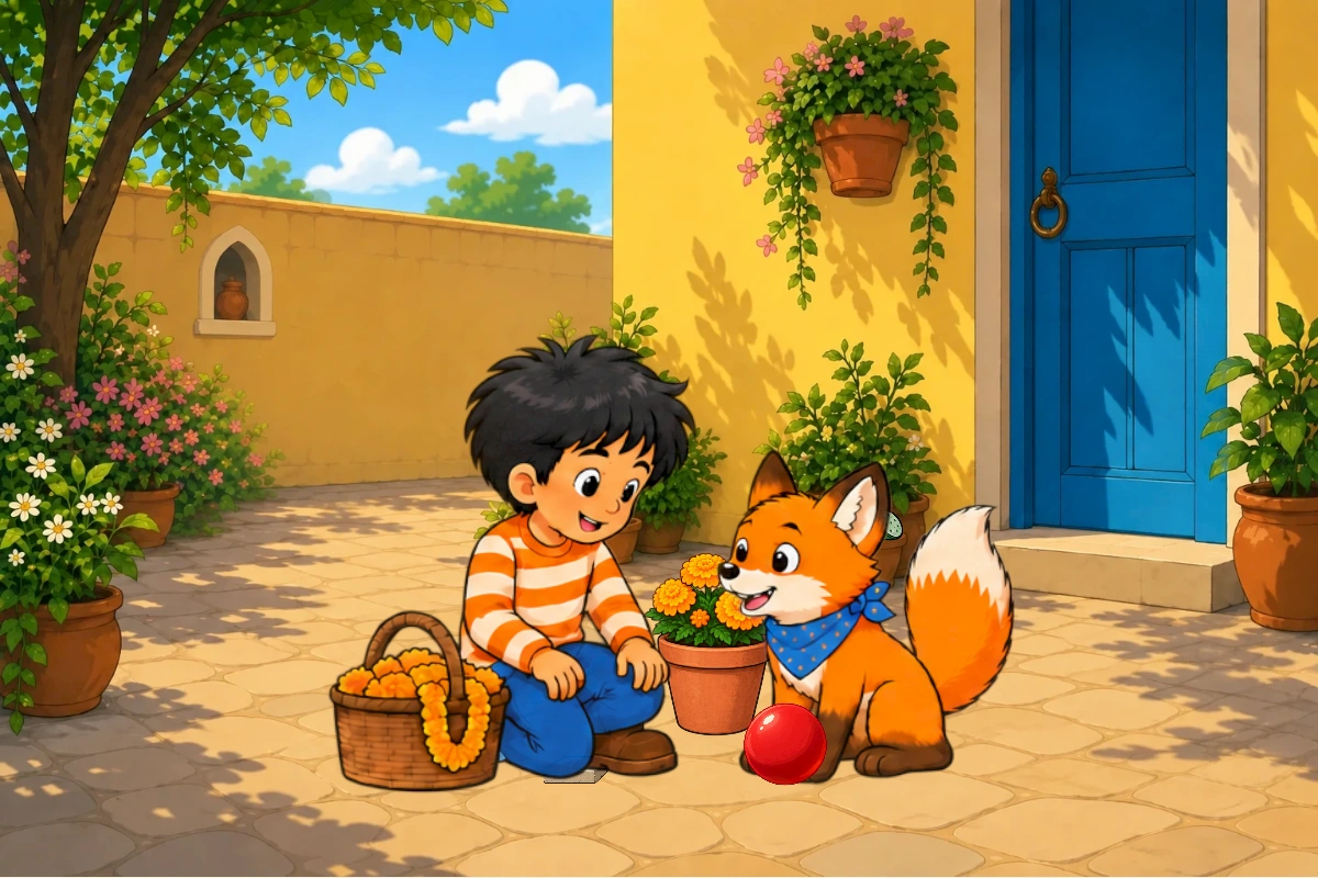 Gul lifts his paw from a marigold while Avi gathers the fallen flowers.