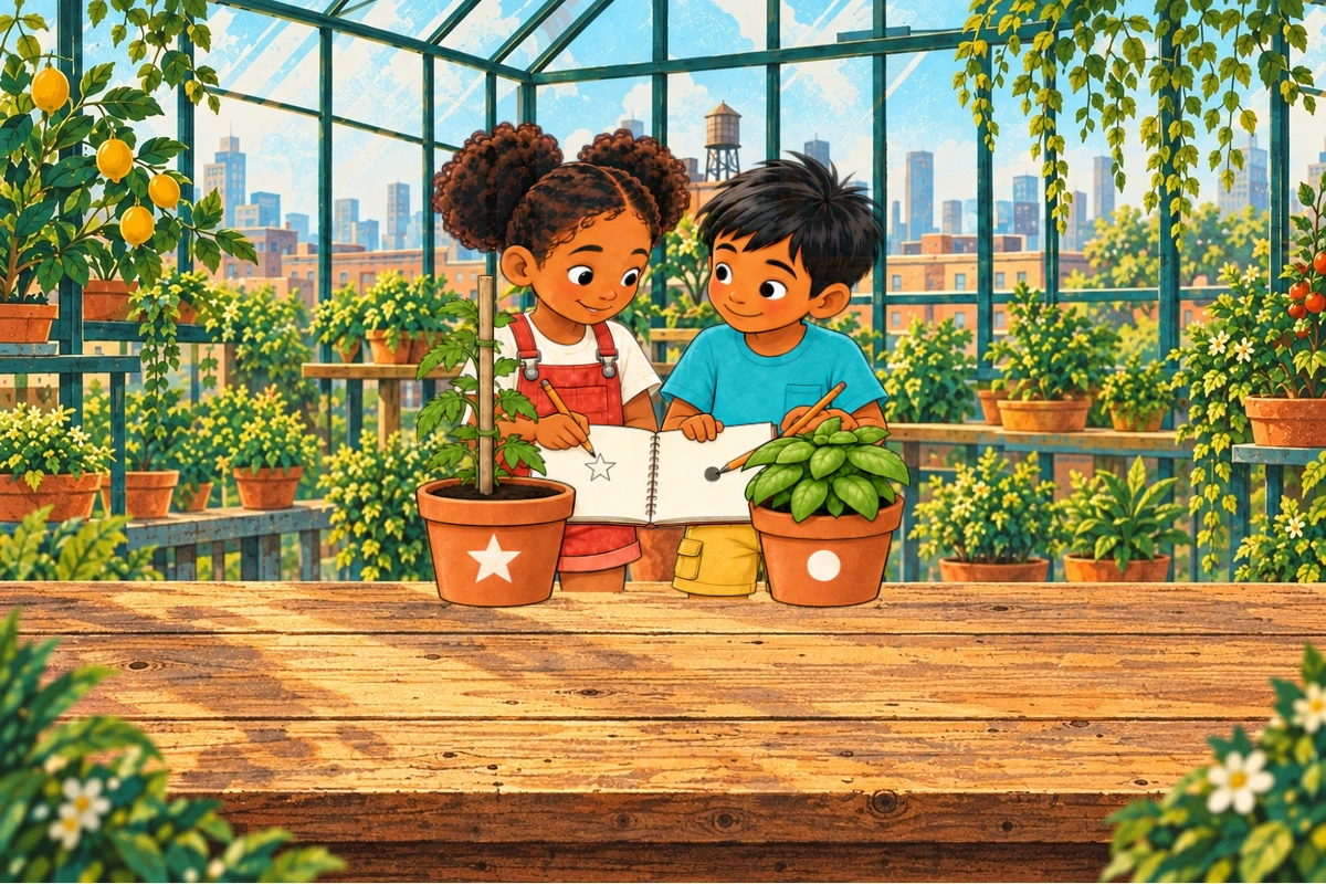 The children look at their growth drawings with the two different plants behind them.