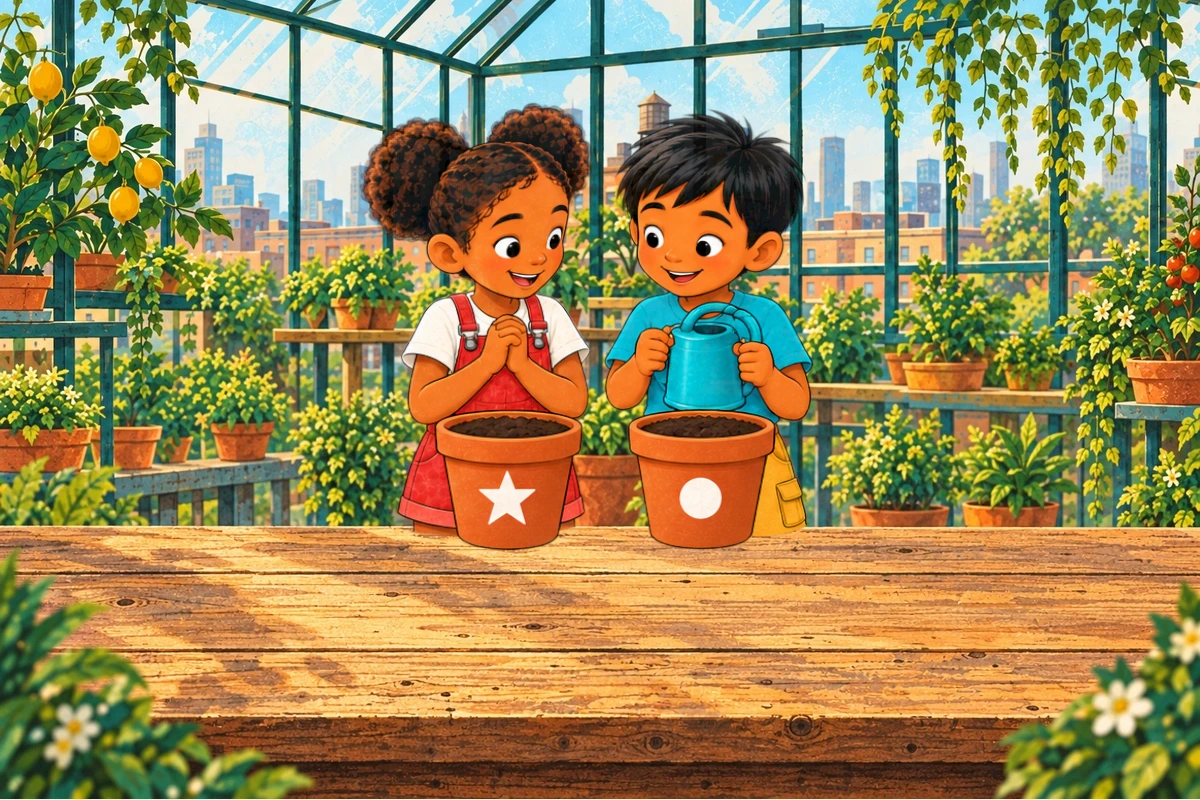 The children plant seeds in the two marked pots beside an open notebook.