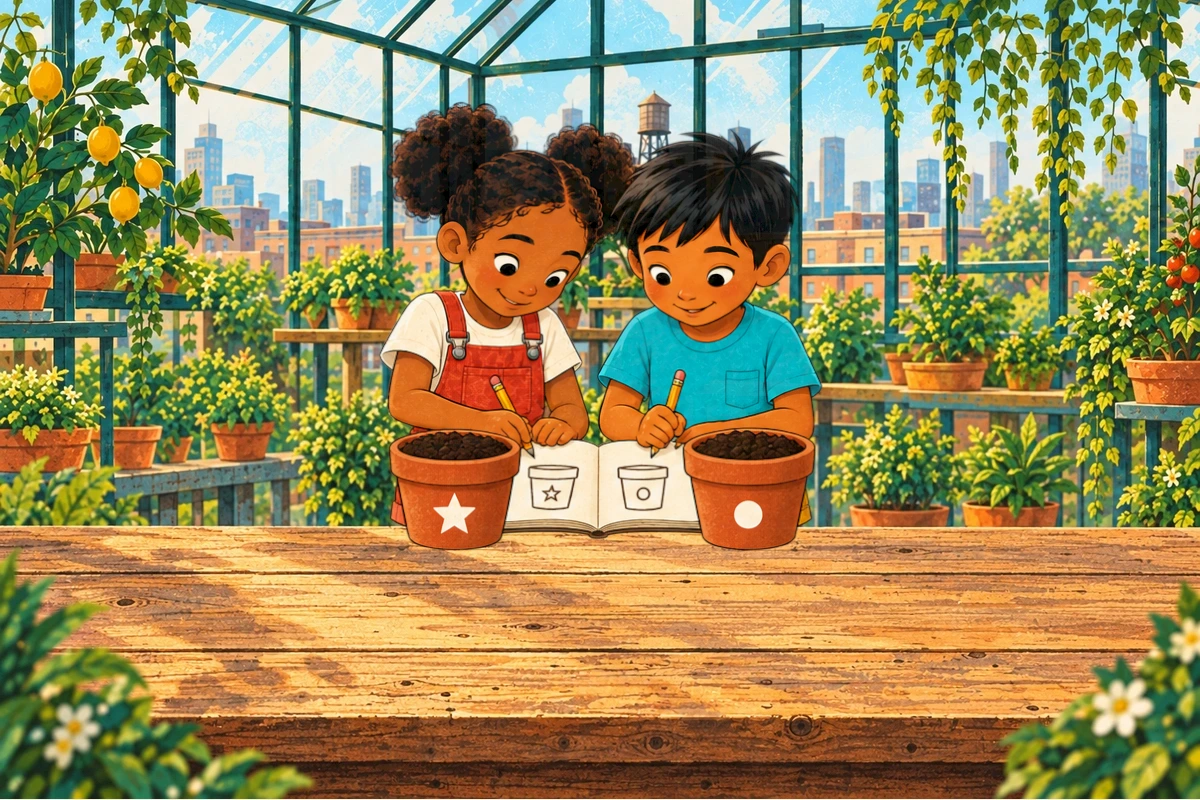 Ira and Sami draw their planted pots in a notebook beside the bare soil.