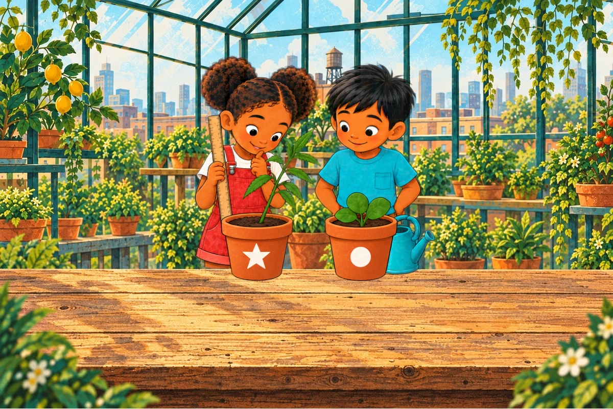 The star plant leans beside the drier dot pot while Sami holds a watering can.