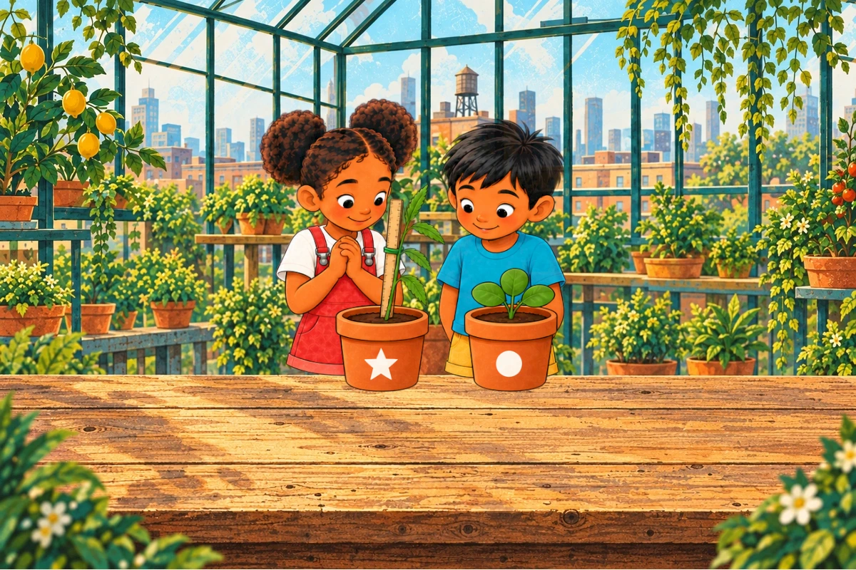 Ira ties the star plant to a measuring stick while Sami steadies its pot.