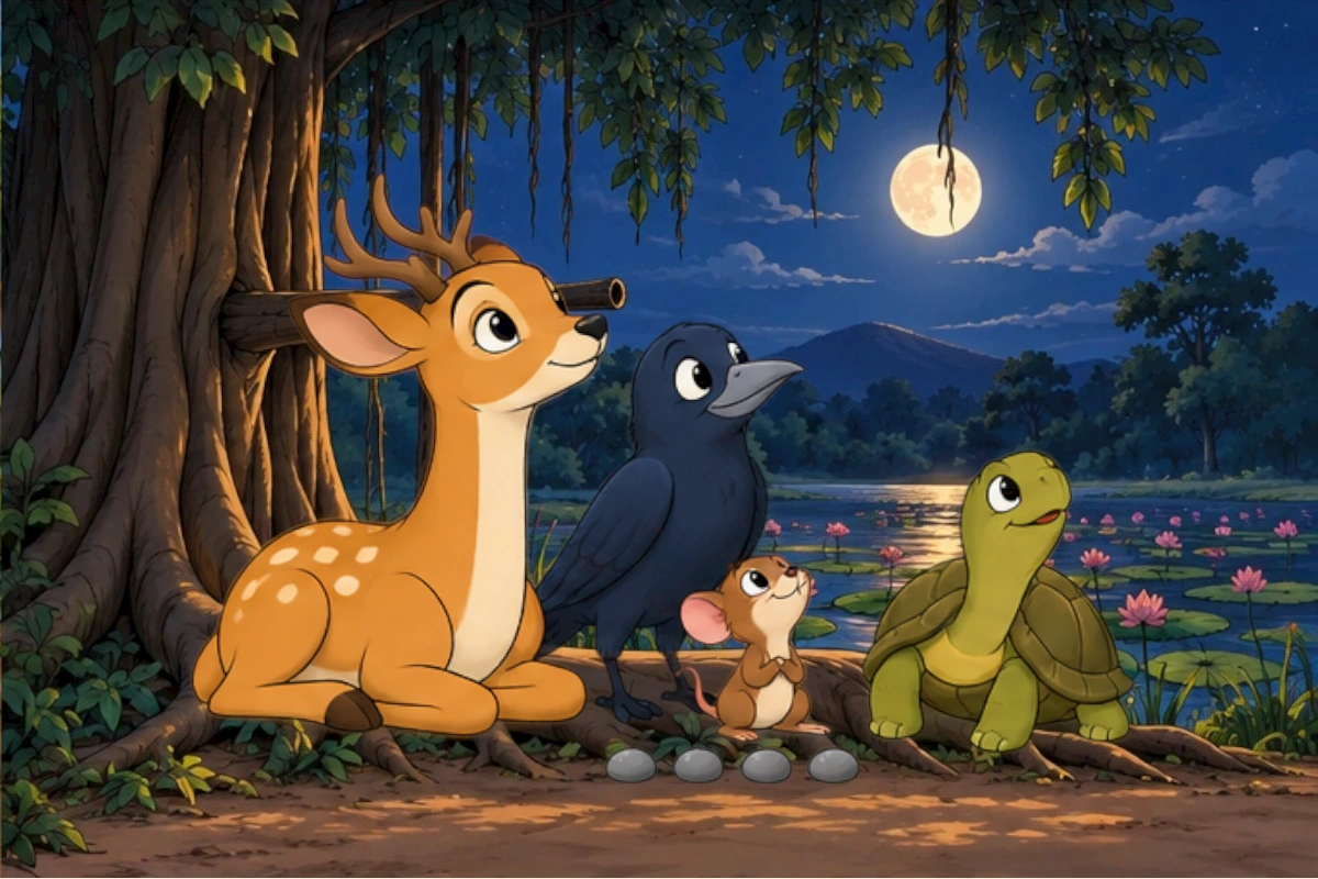 Four places filled again. The friends settle together beneath the moon.