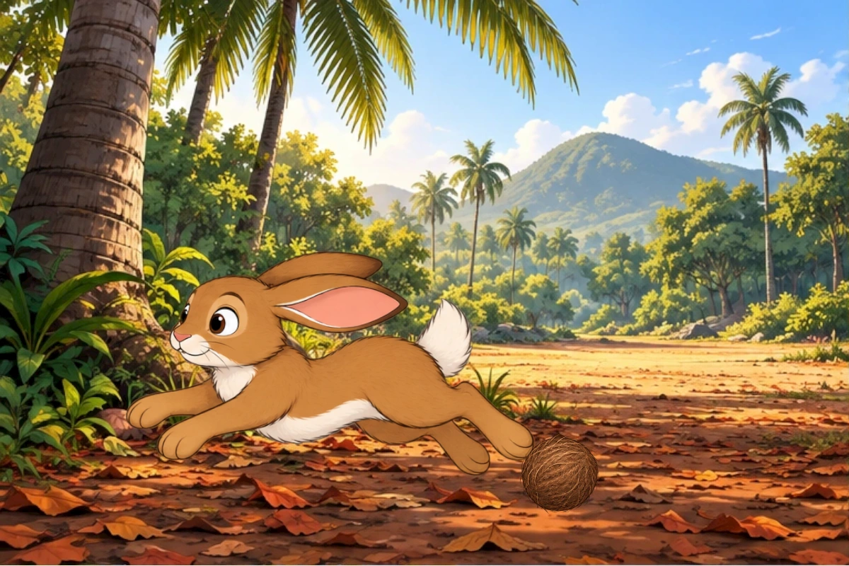 One coconut falls behind sleeping Hare, lands and settles; Hare reacts after impact and bounds away.
