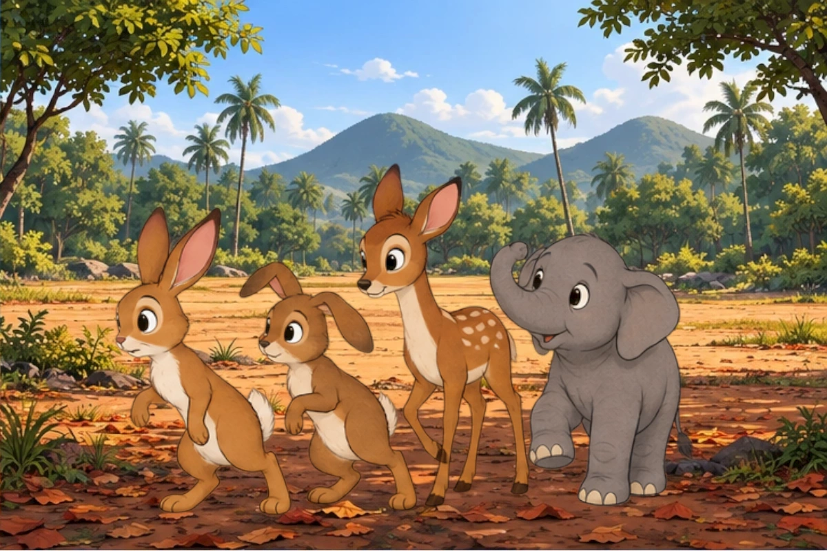 Two hares, Deer and Elephant exchange the alarming story and prepare to leave.