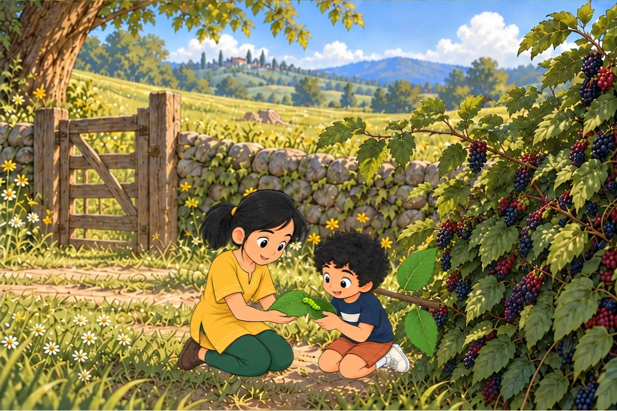 Tara supports a fresh mulberry leaf as Dev brings the caterpillar’s curled leaf beside it.