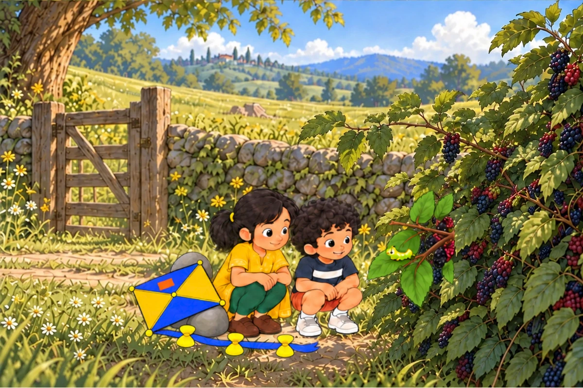 The children watch the caterpillar eat a leaf, with their retrieved kite beside them.