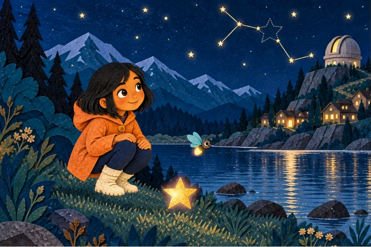 Nila and Flick stand beside the pond, beneath a constellation with a missing star.