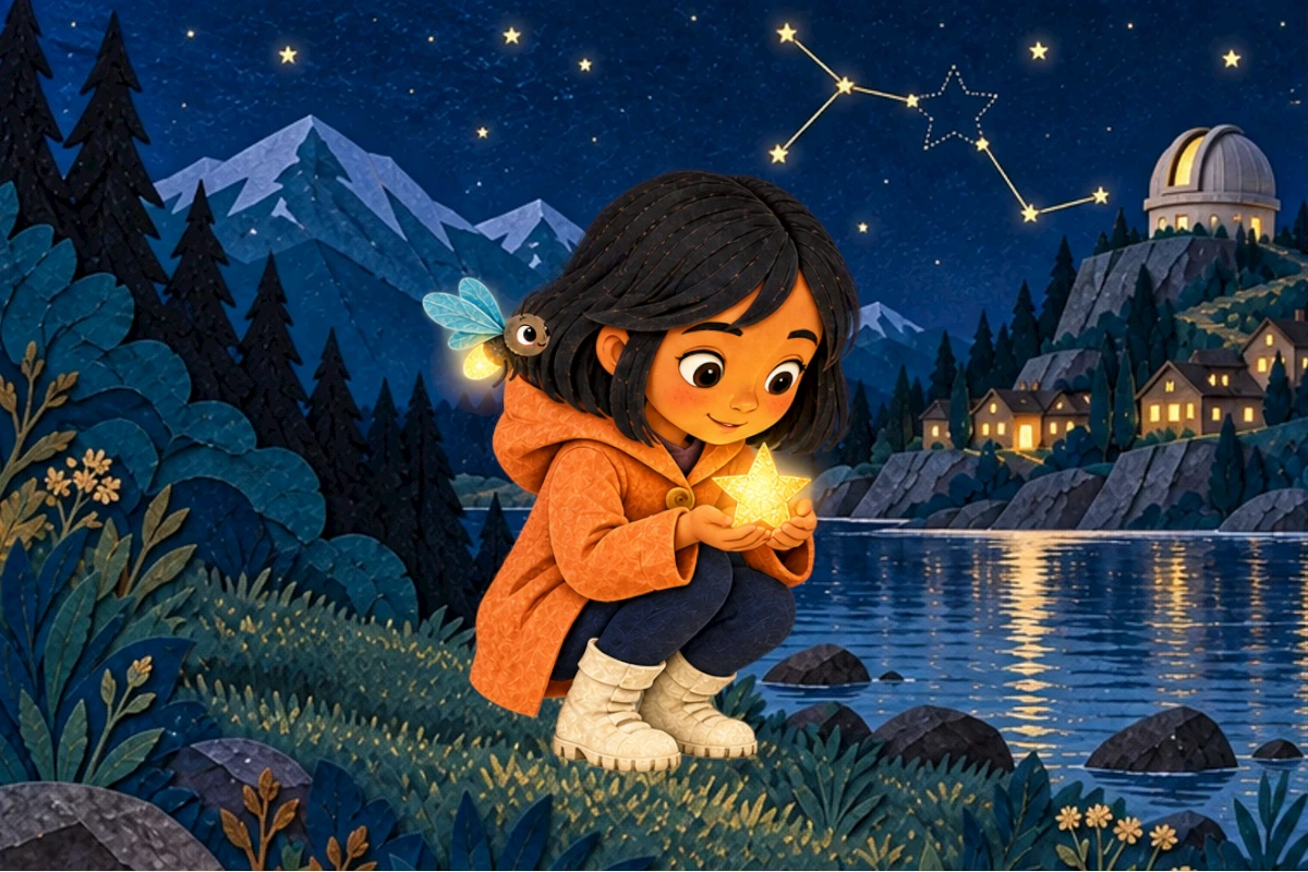 Nila cups the fallen glowing star in her hands while Flick hovers nearby.