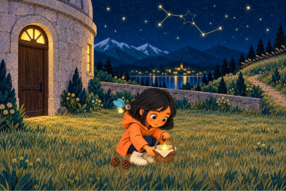 Nila prepares a softly lined wicker basket for the star beside three pinecones.