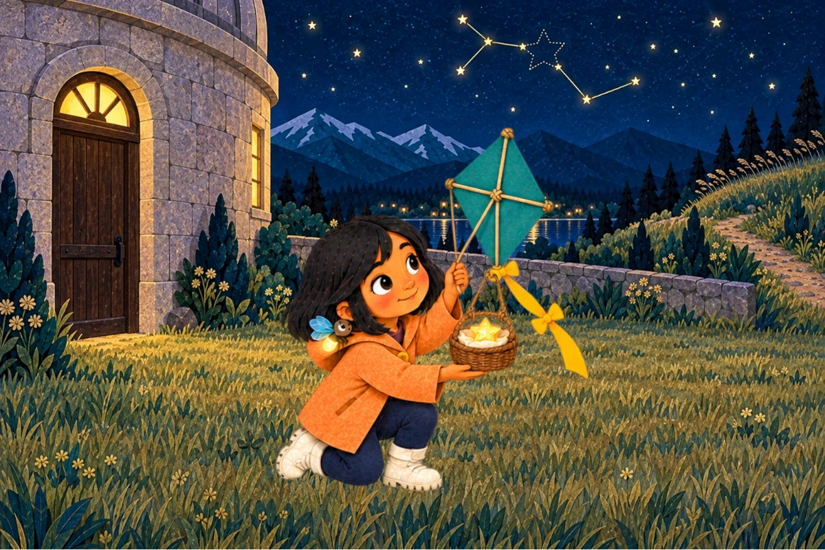 Nila catches the drooping kite on the grass. The star rests in its basket.