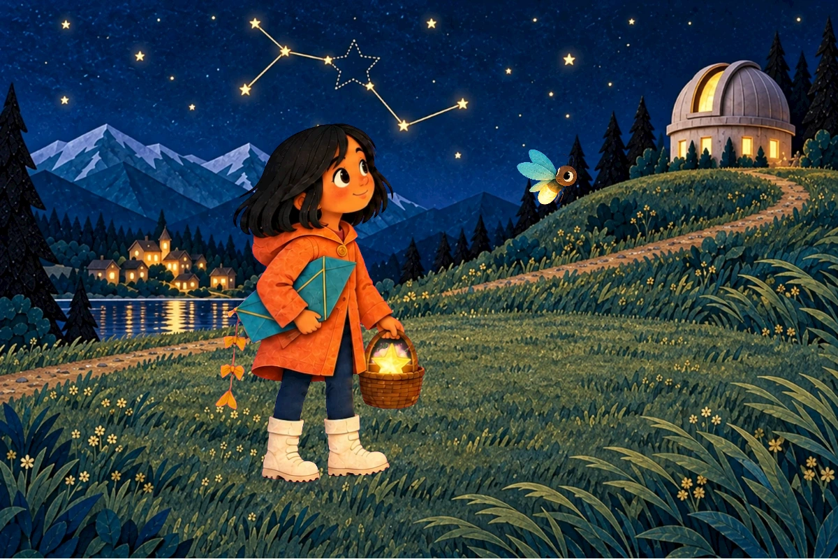 Nila carries the star’s basket and folded kite up a grassy hill with Flick.