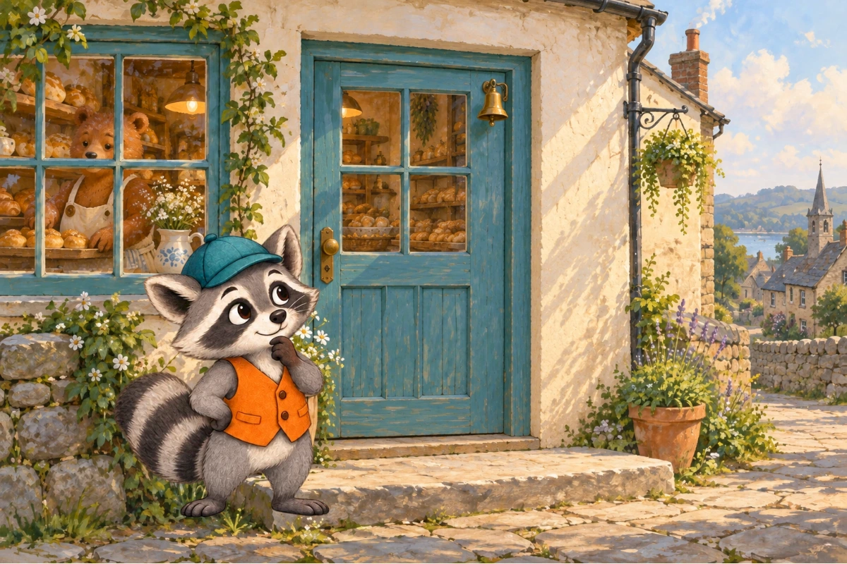 Rafi the raccoon listens outside Bea’s bakery, where a brass bell hangs on the teal door.