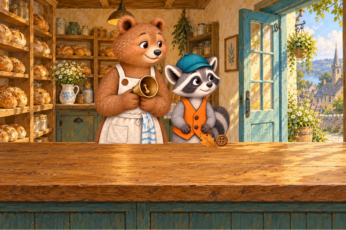 Bea and Rafi test the clear bell over the counter, beside the leaf and wooden button.