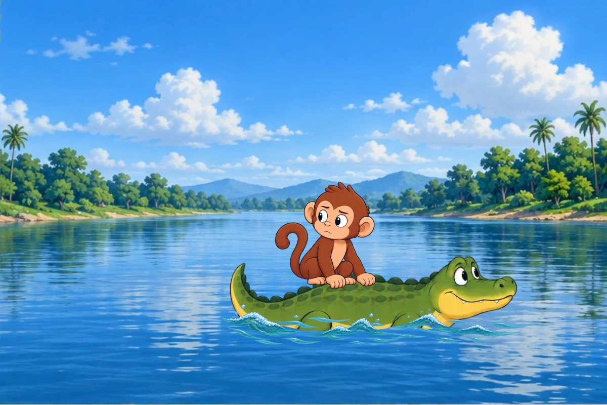 Monkey rides on Crocodile across the broad blue river.