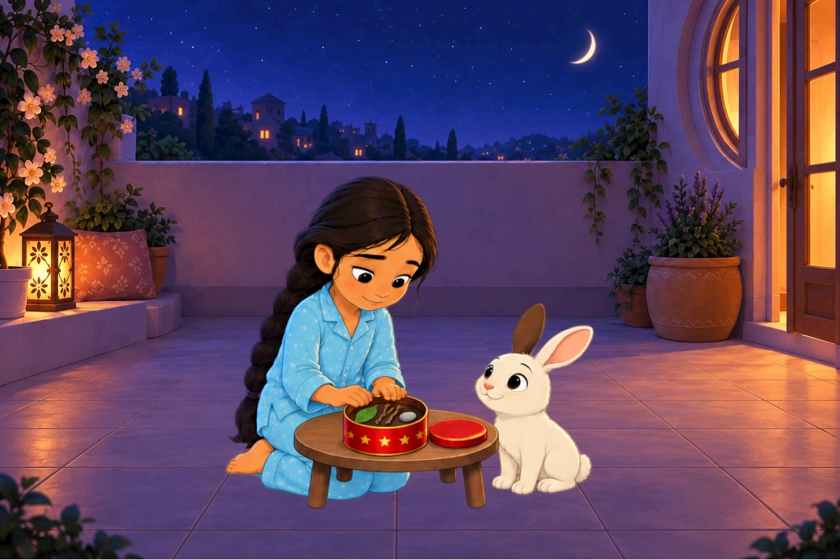 The surrounding windows grow quiet while Asha and Chiku wait beside the lunchbox.