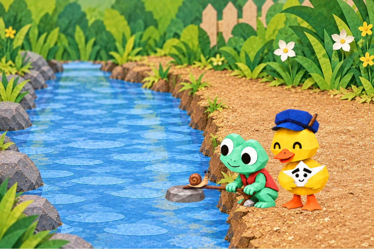 Pip steadies a twig bridge as the snail begins to cross. Tala holds the boat nearby.