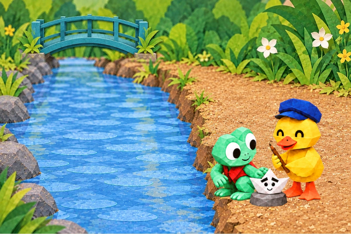 The boat rests on a dry step at the teal bridge as Tala takes out the pencil.