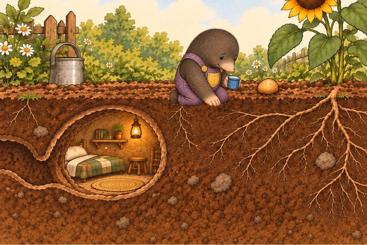 A seed lies beneath the soil beside the pebble, with Milo and a watering cup nearby.