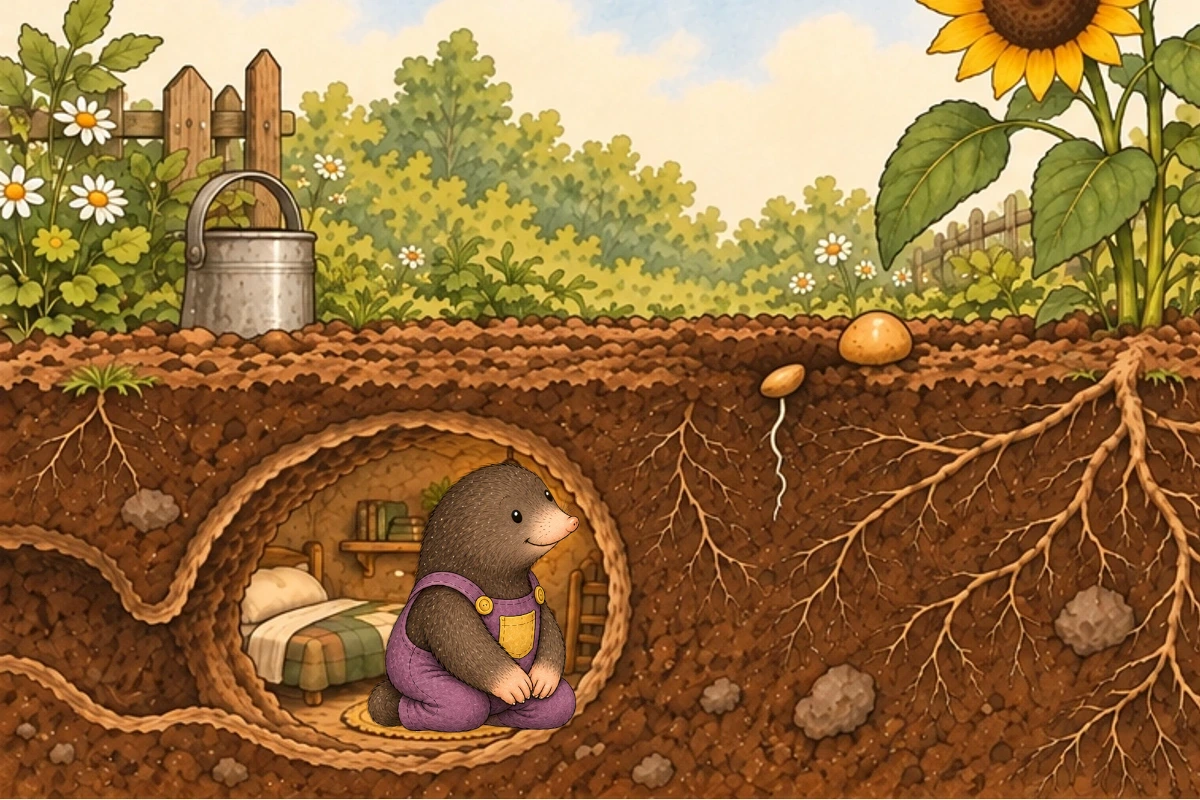 Milo watches a pale root grow from the buried seed through an opening in his burrow.