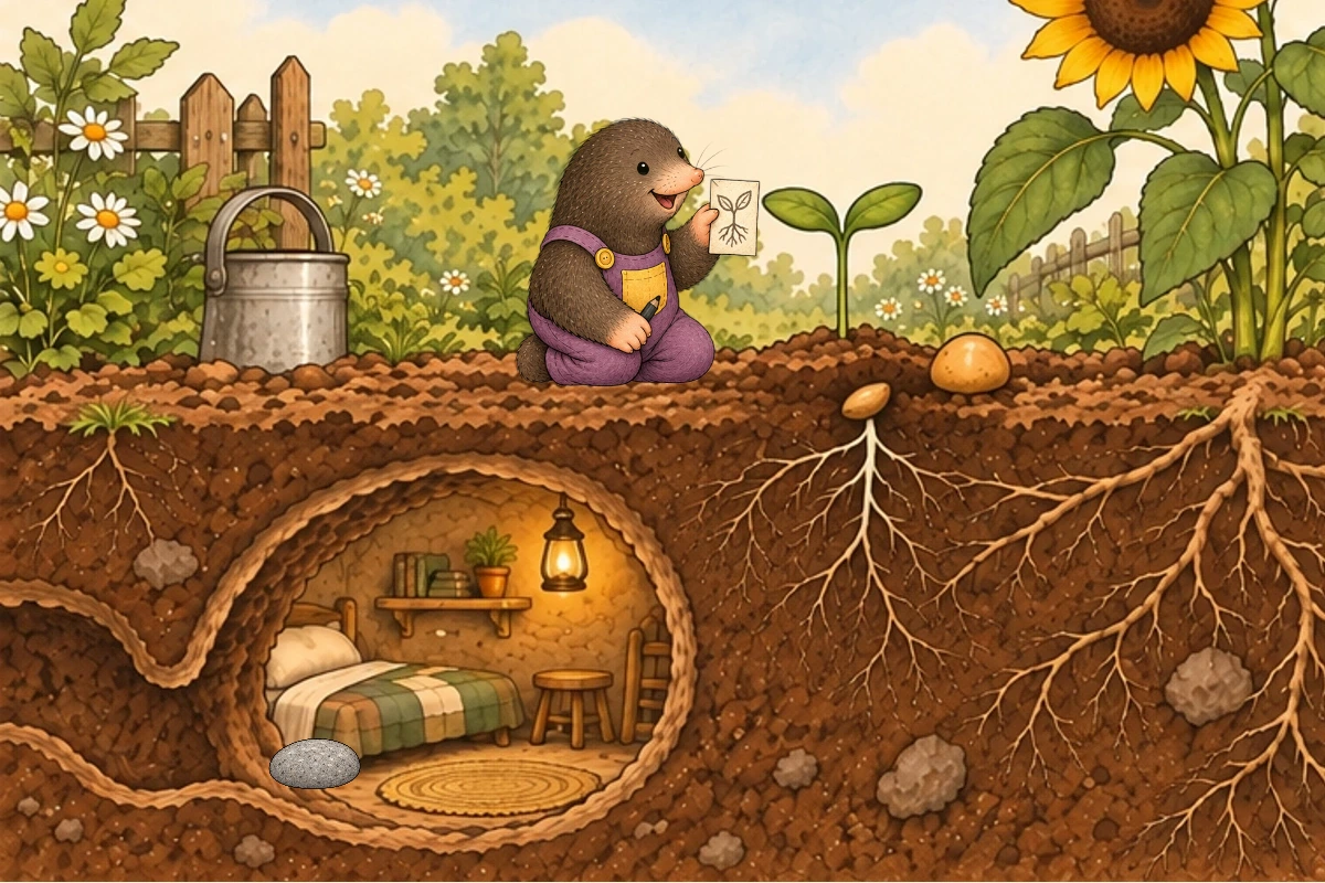 A shoot with two green leaves grows above the ochre pebble. Milo holds his drawing.