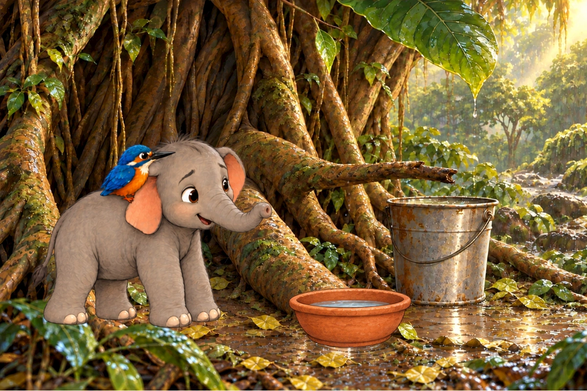 Tumbi walks around a puddle with Kiki on his shoulder as sunlight reaches the clearing.