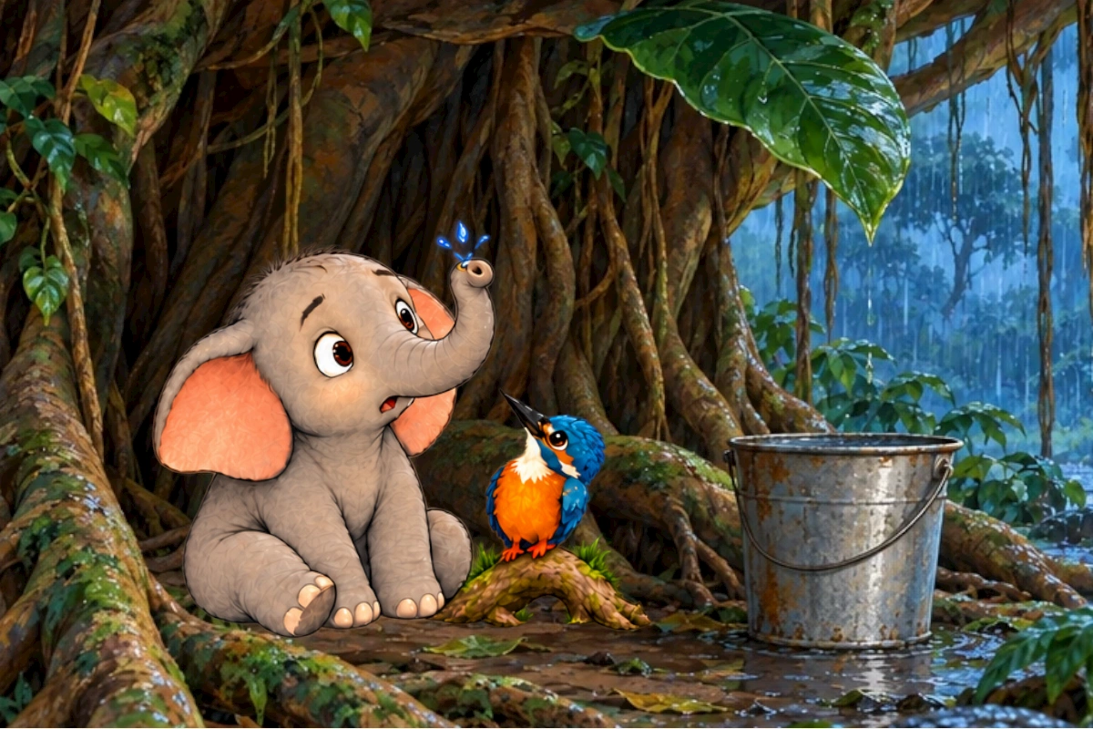 Tumbi closes his eyes to listen as a raindrop lands on his trunk tip.