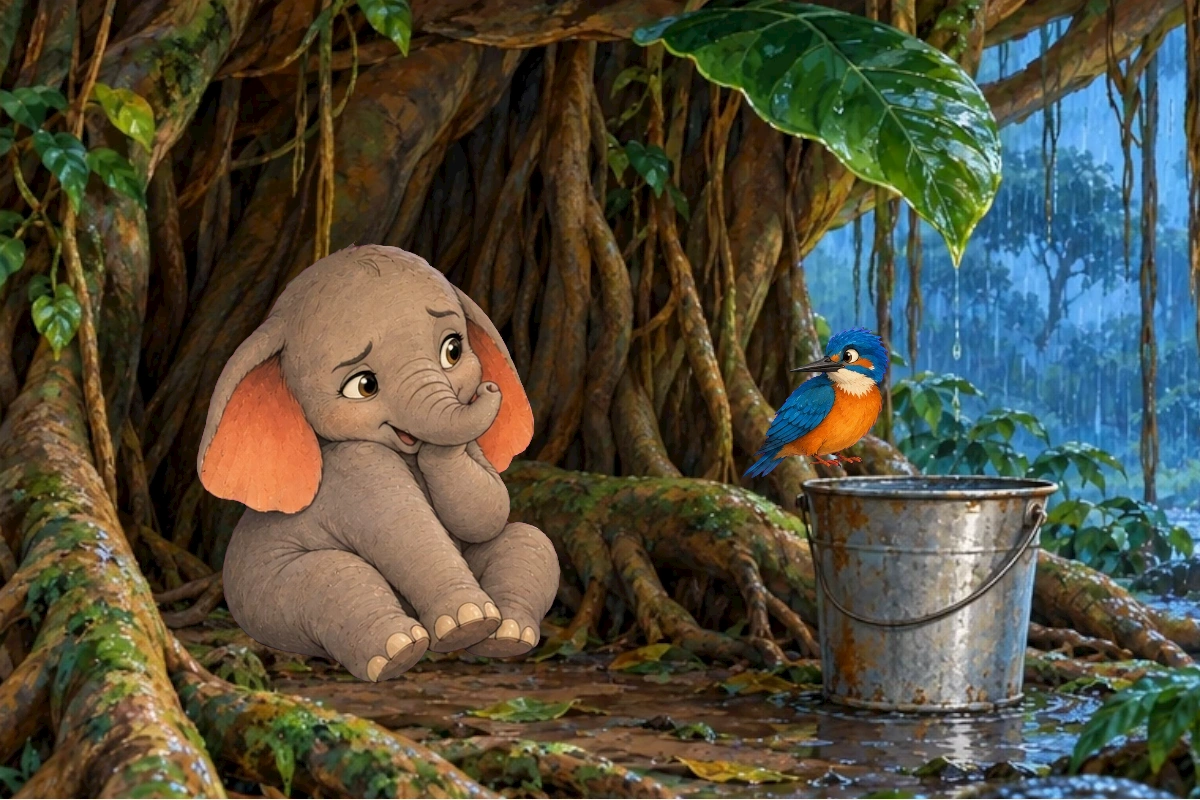 Water splashes from Tumbi’s ear while Kiki hops along a root.