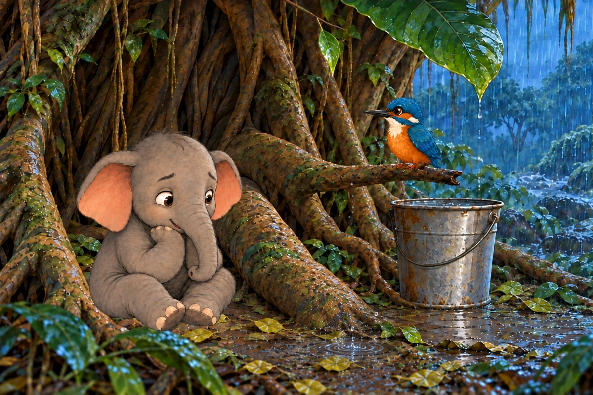 Kiki perches on a low branch near Tumbi’s trunk and the banyan roots.