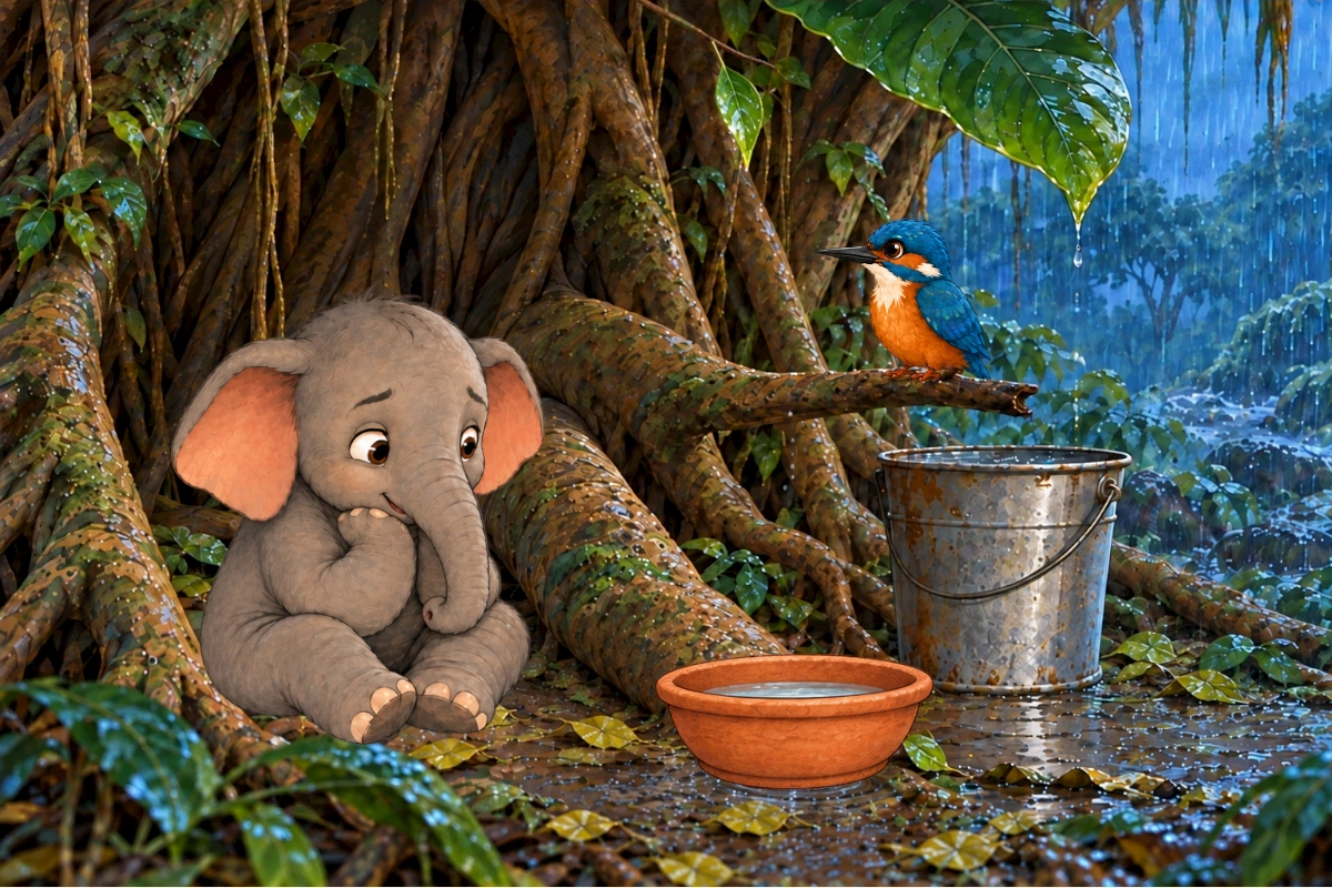 Tumbi and Kiki listen to rain falling on the leaves, metal bucket, and clay bowl.