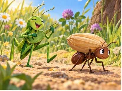 Green grasshopper singing beside six-legged brown ant carrying grain.