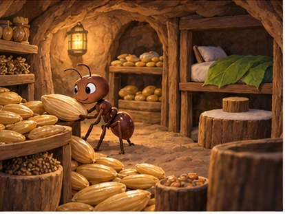 Ant arranging grain in root chamber with resting space.