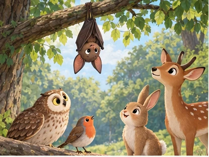 Brown bat hanging from strong branch above birds and ground animals.