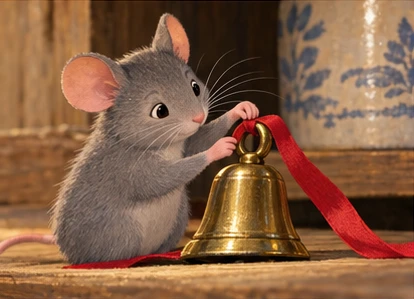 Mouse threading red ribbon through brass bell loop.