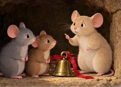 Older cream mouse questioning group beside bell.