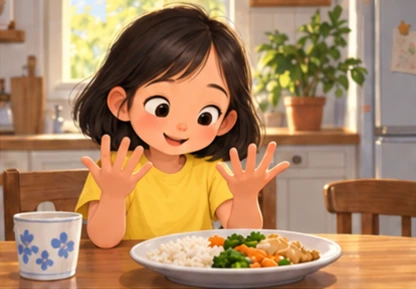Girl looking at hands and cup on kitchen table.