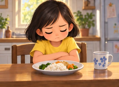 Girl with hands resting and mouth closed beside untouched meal.