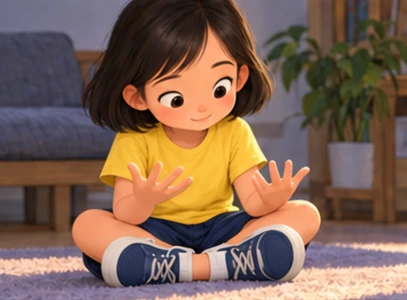 Girl recognising teamwork while looking at hands and feet.