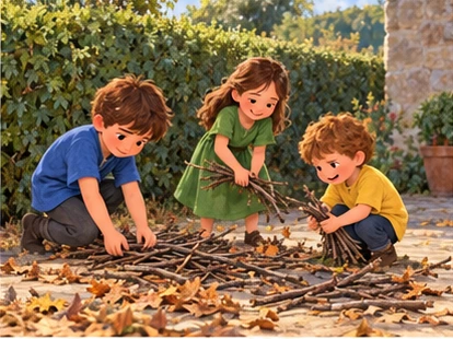 Three children gathering dry fallen twigs near hedge.
