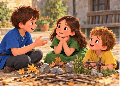 Children discussing a shared pretend village game.