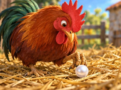 Rooster examining pearl without swallowing it.